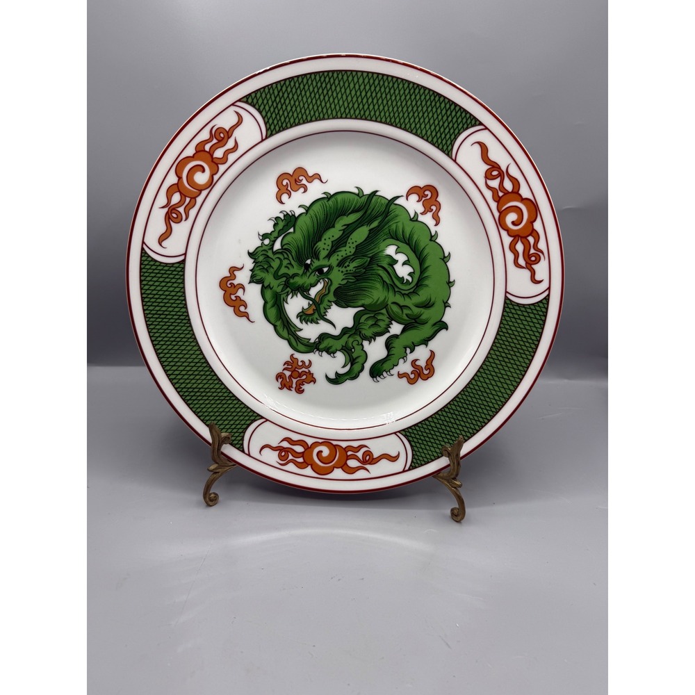 Fitz and Floyd Green Dragon Porcelain Plate Vintage 1975 Chinoiserie 12 Inch MCM